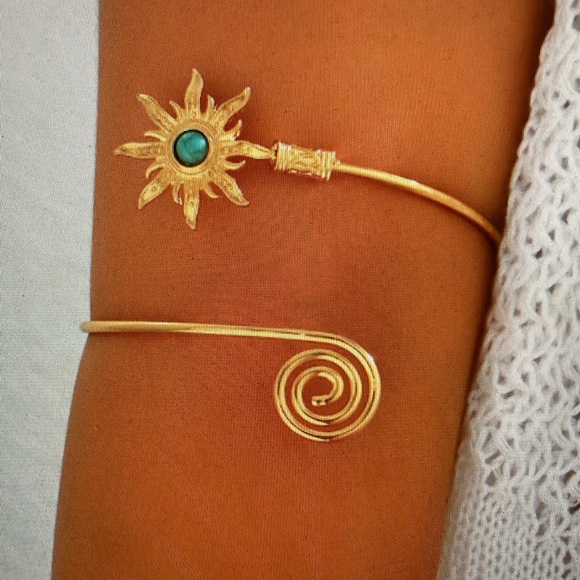 Jewelry - Gold Sunburst Arm Cuff with Turquoise Stone